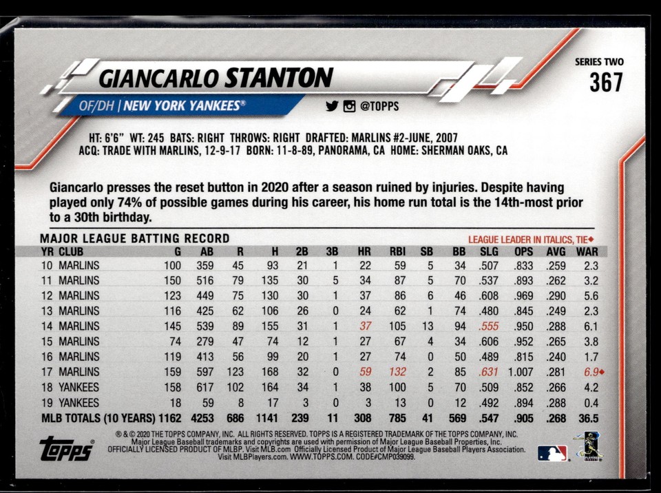 2020 Topps 367a Giancarlo Stanton New York Yankees eBay