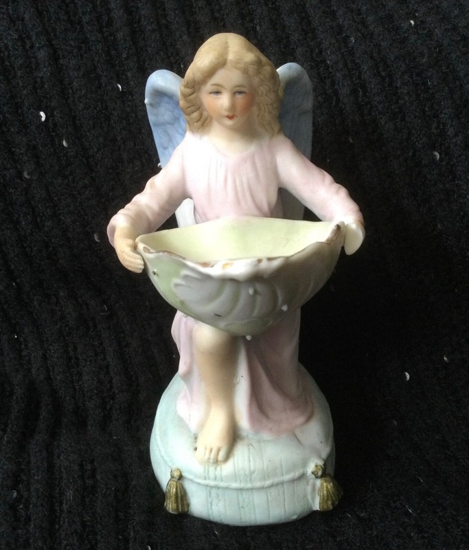 Antique  German Angel standing holy water font Bisque 