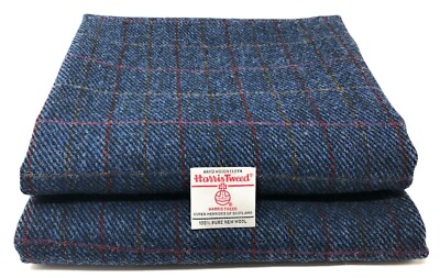 Harris Tweed blau mit rotem Karo Stoff - 100% reine Wolle 1 Meter plus