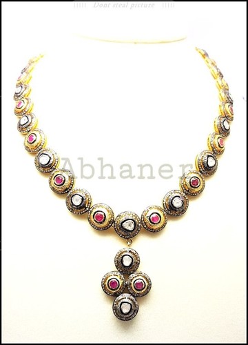 Collier En Argent 925 Avec Rubis Naturel Et Diamants Polki - Style Fleur, Plaqué Or, 22 Pouces - NEUF