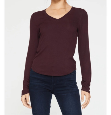 NEW Another Love SOPHIE Tshirt Long Sleeve V-Neck Ribbed Sz S Maroon Burgundy