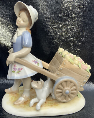 Vintage spanische D'Art.SA Porzellanfigur ''Mädchen & Hund zieht Blumenwagen'' a/f
