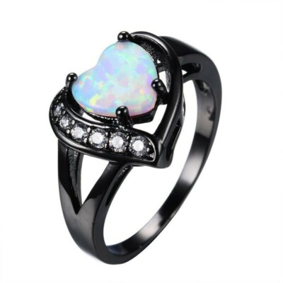 White Blue Lab Opal Heart Crystal Black Gold Ring US Sizes 5 - 11 Free Gift Box