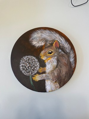 handmade squirrel and dandelion artwork on round canvas 10 inch diameter