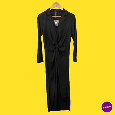 V BY VERY Damen Jersey Kragen Maxikleid, geraffter Knoten vorne, schwarz, UK 12
