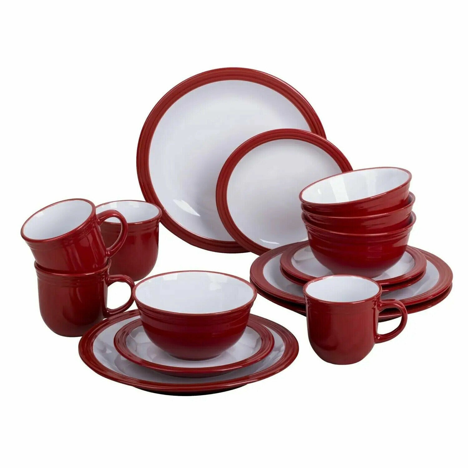 16 Piece Dinner Set Red Stoneware Crockery Plates Bowls Mugs 4 Place