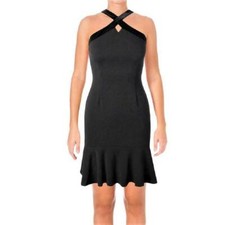 AQUA Women's Black Crepe Stretch HALTER DRESS Velvet Trim SZ XS NWT