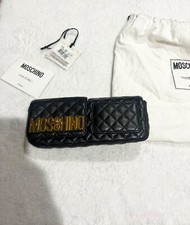 Carried once black quilted moschino clutch bag double gold logo chain handle
