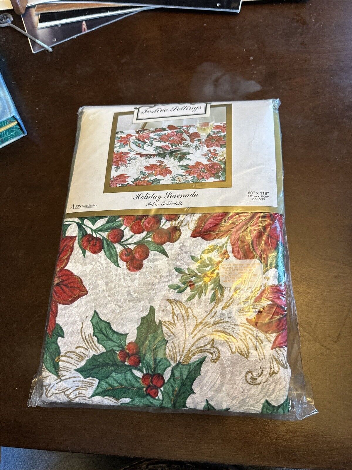 Vintage 1996 Avon Tablecloth Poinsettias  60x 118" Holiday Elegance Christmas