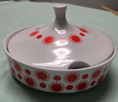 Alfoldi vintage porcelain tureen serving bowl Hungary red dot sun pattern