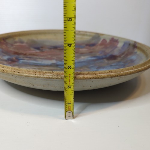 Signed Art Hand Thrown Large Pottery Bowl Server Blue Red Beige 14.5" Diameter - Picture 6 of 9