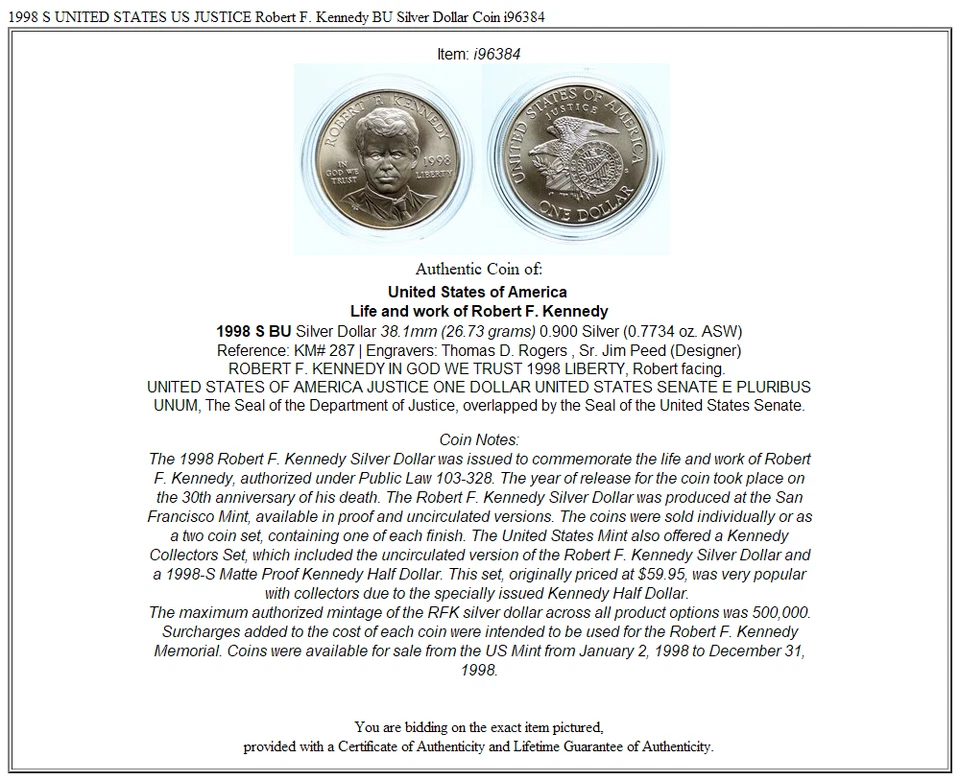 1998 S UNITED STATES US JUSTICE Robert F. Kennedy BU Silver Dollar Coin i96384 - Image 3 of 3