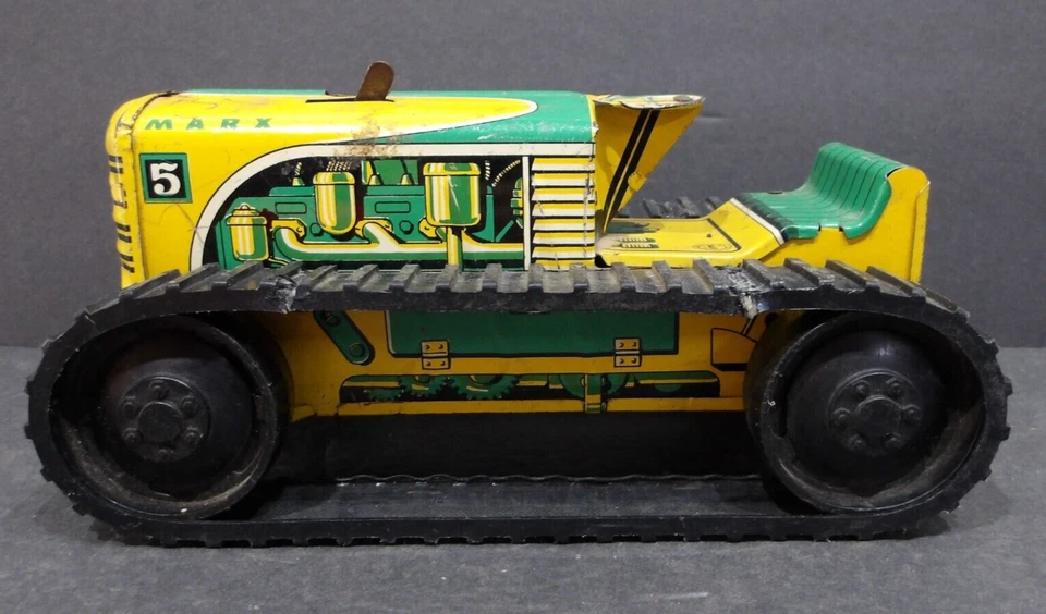 "Tractor sobre orugas Marx #5 de cuerda de la década de 1950 amarillo y verde 8"" sin conductor" Foto 2 de 4