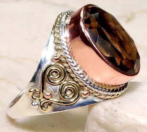 Bague argent massif victorien avec gemme topaze fumée marron taille 54