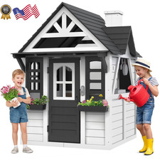 Outdoor Playhouse for Kids Ages 4-8 Wooden Play House Doorbell Phone Kitchen Toy