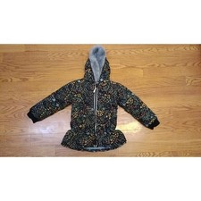 Hanna anderson 120 Kids Floral Print Puffer Jacket with Faux Fur Hood Ruffle Hem