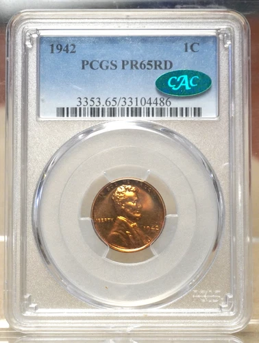 1942 PROOF LINCOLN CENT PCGS PR65RD GREEN CAC STICKER 104486