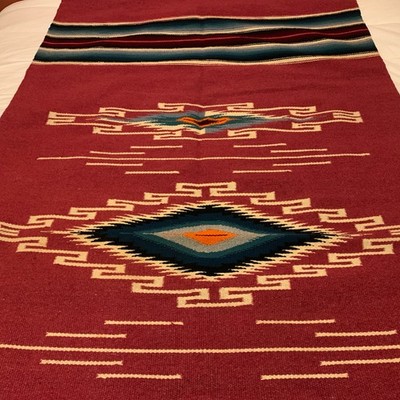 Vintage Hand-Woven Zapotec Wool Rug 34x75  Mexico Southwest Wall Serape Runner