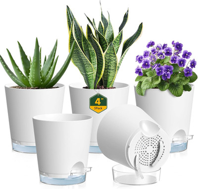 4 Inch Self Watering Pots for Indoor Plants, 5 Pack Small Flower Plant Pots with