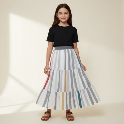 Skirt Girls M 8 Maxi 100% Cotton Stripes Lined Ruffle Tier Mom and Pop's Kids