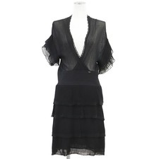 CHANEL Pleated Sheer Tiered Dress 07P P30389 CC Charm S/S Women Size 42 Black