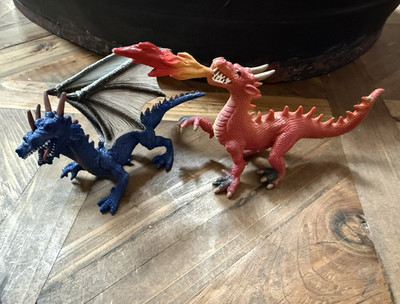 2 Fantasy Dragon Figures: Blue Winged Dragon & Red/Orange Fire-Breathing