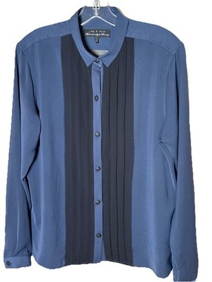 Rag & Bone For Barney s Large Agra Shirt Navy Blue Black Pleated Long Sleeve