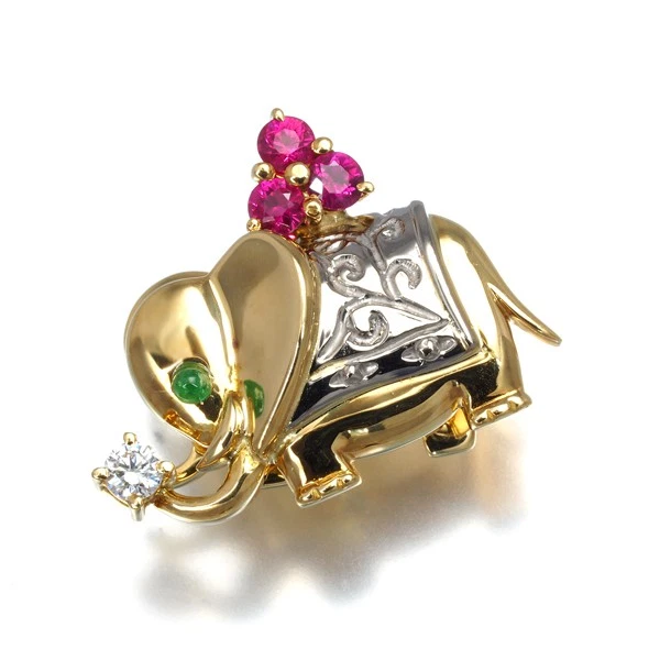 Auth WALTHAM Brooch Ruby 0.23ct Diamond 0.06ct Emerald Elephant Swing 18K YG/WG - Image 2 of 4
