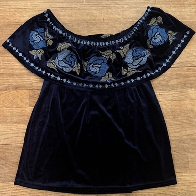 Francesca's blue gold floral embroidered boho blouse shirt top sz medium M b53