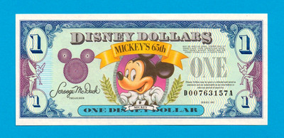 DISNEY ONE DOLLAR NOTE - MICKEY'S 65. 1993 AUSGABE USA inkl. UMSCHLAG BANKFRISCH