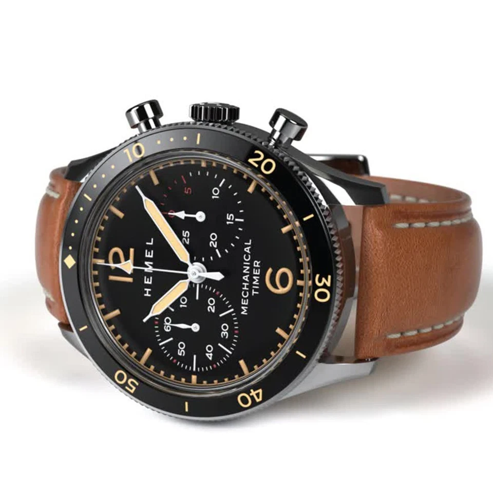 HEMEL Air Defense Cronografo Meccanico Acciaio Marrone Pelle Nero Orologio Uomo Foto 2 de 4