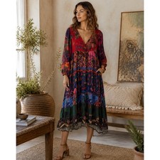 Farm Rio Mixed Print Tiered Tunic Dress Midi Red Multi Beaded Tassel Size M