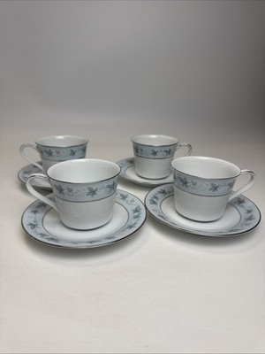 4 Noritake Bluecourt Flat Cups & Saucers Delicate Grape Pattern White Pale Blue