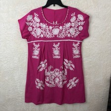 Pink Embroidered Above The Knee Short Sleeve Women’s Tunic Dress Sz M/L Linen