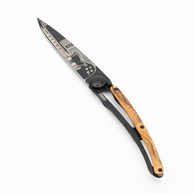 Deejo 37g Folding Knife Olive Wood Rock n Roll Guitar 3.7'' Blade - New No Box