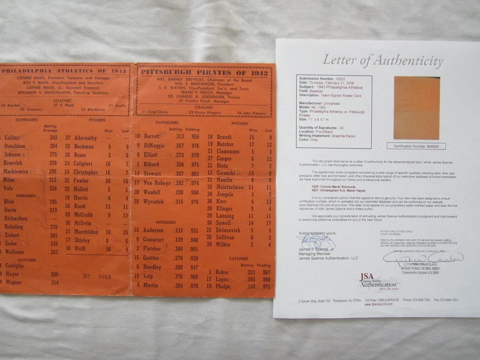Philadelphia A’s Team 1942 firmado lista autografiada Connie Mack Al Simmons JSA Foto 3 de 3