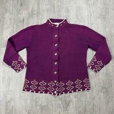 VTG WOMENS 70S ORLON ACRYLIC FAIR ISLE FLORAL PURPLE BUTTON CARDIGAN KNIT SIZE S