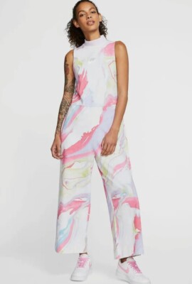 New NIKE Sportswear Women Tie Dye Jumpsuit Marble Print Crop Wide