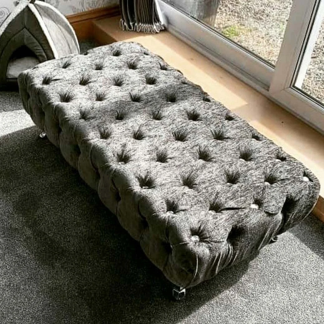 Chesterfield Footstool Coffee Table In Plush Crushed Naple Chenille Fabric