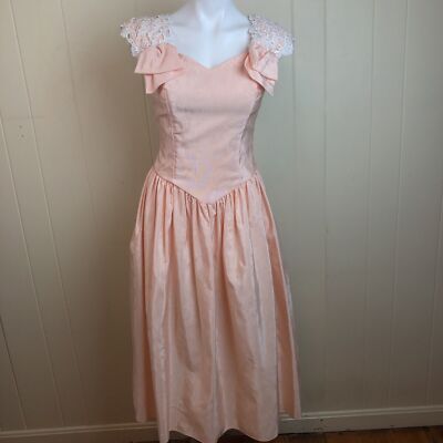 Vintage Peach Prom Dress XS Prairie Cottagecore Lace Bridesmaid Formal |  eBay