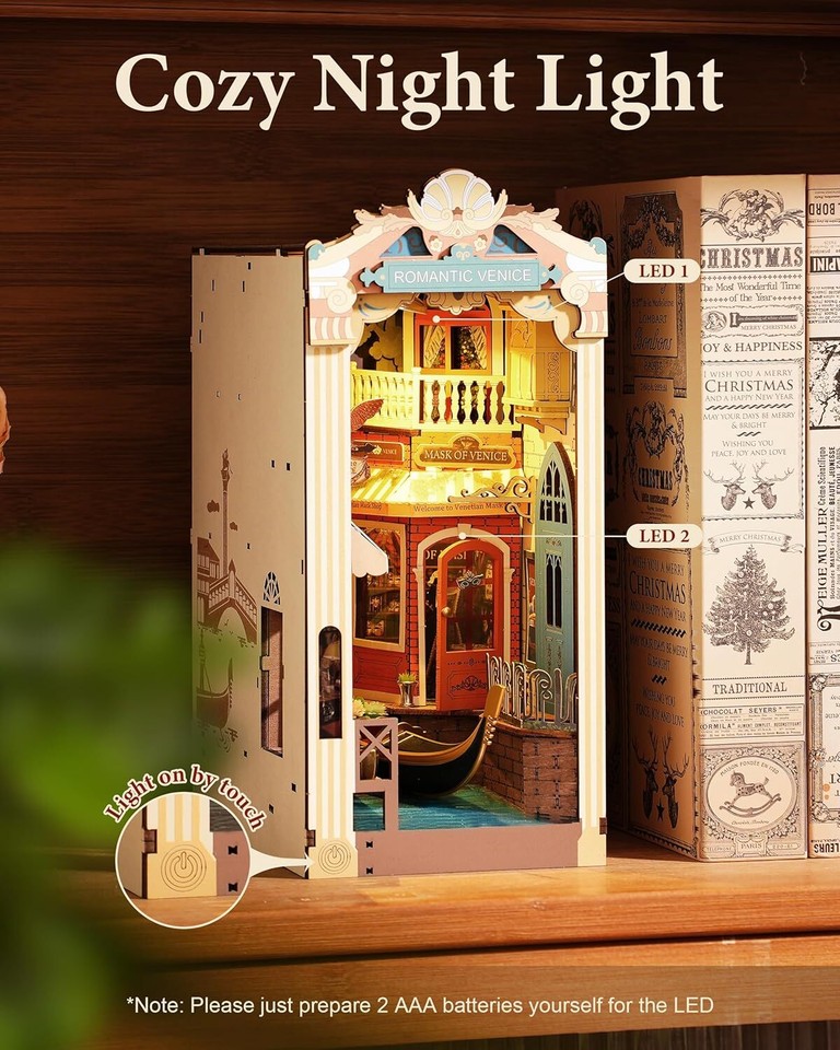 Robotime Book Nook DIY Dollhouse Bookends Model Kit LED Bookshelf Decor ...
