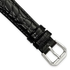 16mm Short Black Alligator-Style Grain Leather Silver-tone Buckle Watch Band