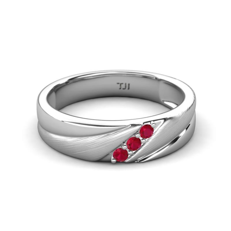 http.rhrh様　３本目 Round Ruby Angled Brushed Men 3 Stone Wedding Band 14K Gold