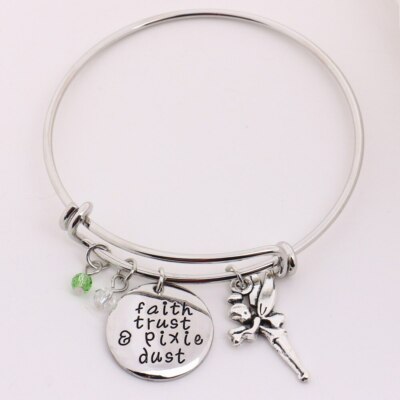 Tinker Bell Adjustable Womens Bangle Charm Bracelet Faith Trust & Pixie Dust NEW