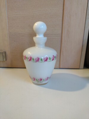 Vintage französisches mundgeblasenes Milchglas mit emaillierten rosa Rosen Parfüm Flakon
