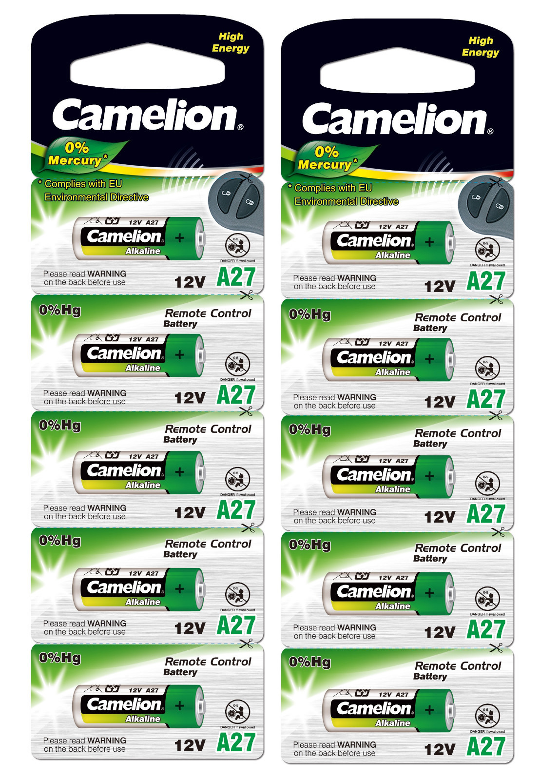 10 Stück Camelion A27 Alkali Batterie 12 V 5er Blister Remote Lr27a