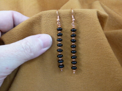 EE471-123 faceted 6x3 mm Black onyx Brazil gemstone dangle copper wire earrings