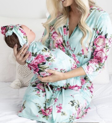 Maternity Robe Matching Swaddle Aqua Teal Floral Pink XXL 16-18