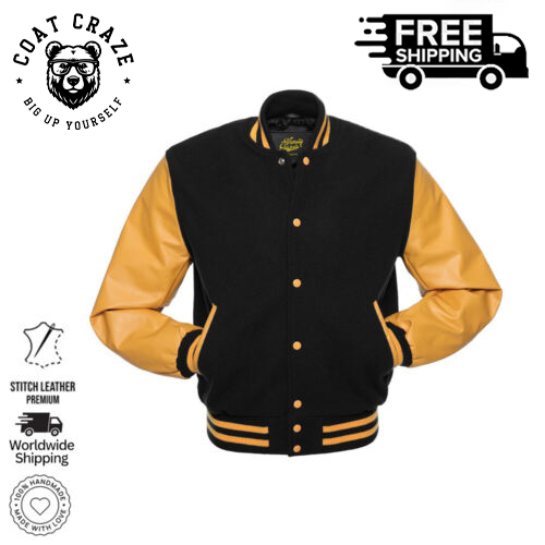 ATTACHMENT Wool×Leather Varsity Jacket Premium Quality Men's Black Wool/Gold Leather Varsity Jacket with