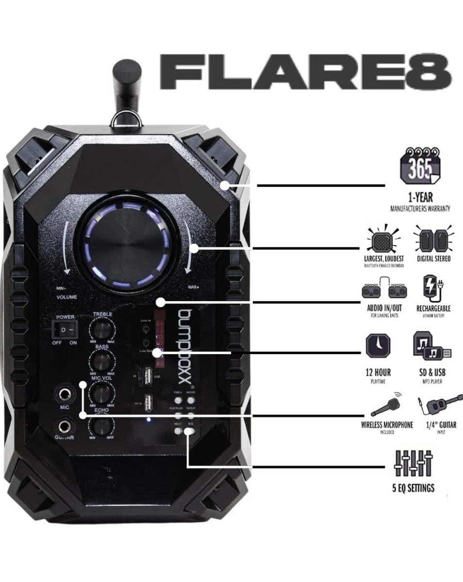 Bumpboxx Flare8 Bluetooth Boombox Speaker with Microphone - Carbon